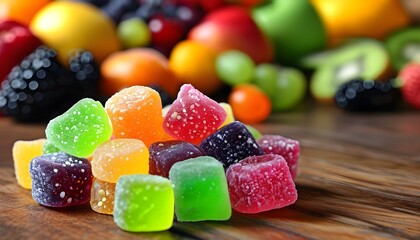 Wall Mural - Vibrant gummy candies cascading from a bottle on a rustic wooden table surrounded by a variety of fresh fruits