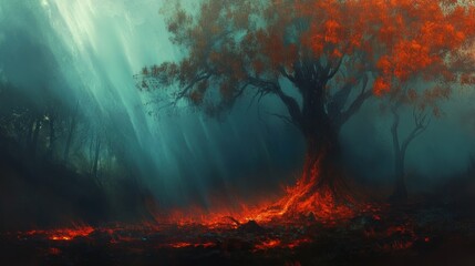 Wall Mural - A Tree Burning in a Dark Forest With Red Leaves