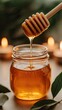 © Viktoriia Kan - Golden honey drips from a wooden spoon into a jar, surrounded by candles and nature. This setting creates a serene and cozy atmosphere filled with sweet warmth