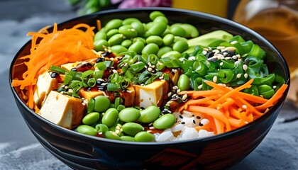 Colorful vegan poke bowl featuring teriyaki tofu, creamy avocado, fresh edamame, crunchy shredded carrots, fluffy rice, scallions, and a sprinkle of sesame seeds