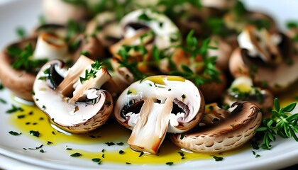 Wall Mural - Sliced mushrooms drizzled with olive oil surrounded by fresh herbs on a delicate white plate