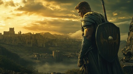 Canvas Print - A lone warrior stands on a cliff overlooking a ruined castle at sunset.