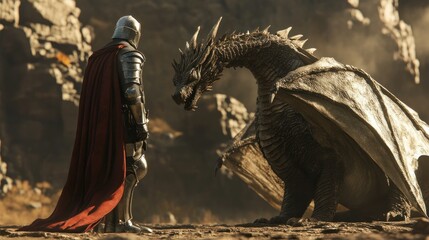 Poster - A Knight Facing a Majestic Dragon in a Rugged Landscape