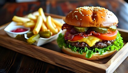 Wall Mural - Delicious cheeseburger topped with crispy bacon, fresh lettuce, ripe tomato, crunchy pickles, accompanied by golden fries on a rustic wooden platter