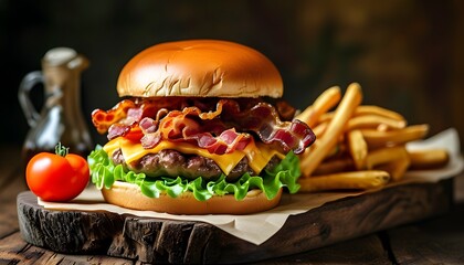 Delectable bacon cheeseburger topped with crisp lettuce and tomato, served alongside golden crispy fries on a rustic wooden board