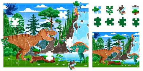 Aufkleber - Prehistoric dinosaurs landscape jigsaw puzzle game pieces. Cartoon vector kids riddle worksheet with t-rex, flying and a herbivorous dino in lush forest with a waterfall and blue sky in the background