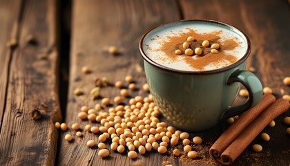 Wall Mural - Creamy soy milk garnished with cinnamon on a rustic wooden table surrounded by scattered soybeans