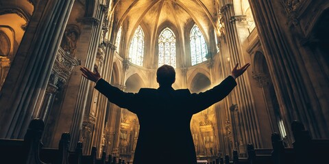 A man is standing in a church with his arms raised, looking up at the stained glass windows. Concept of reverence and spirituality, as the man is praying or offering a prayer