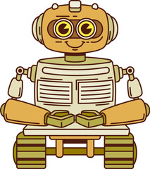 Aufkleber - Cartoon retro groovy robot character or space android on wheels, vector game toy. Groovy retro cartoon robot or cute robotic machine of vintage technology cyborg droid with happy smile on face