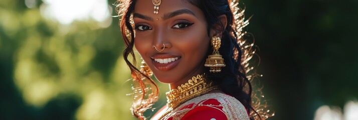 Wall Mural - A woman with gold jewelry and a nose ring is smiling. She is wearing a red dress and gold jewelry