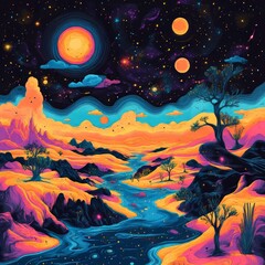 Wall Mural - A vibrant cosmic landscape with surreal colors and elements.