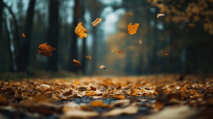 Poster - Falling Autumn Leaves on a Woodland Path