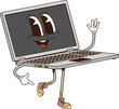 © Vector Tradition - Cartoon groovy laptop computer retro character with funny face, vector funky comic. Groovy freaky laptop notebook with happy smile walking on positive vibes and good mood for groovy emoji