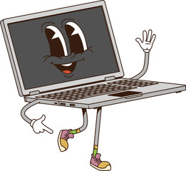 Leinwandbilder - Cartoon groovy laptop computer retro character with funny face, vector funky comic. Groovy freaky laptop notebook with happy smile walking on positive vibes and good mood for groovy emoji