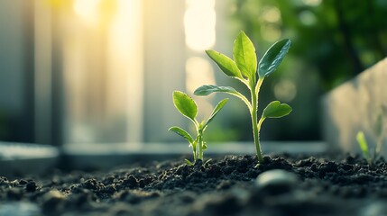 Close up of two young green seedlings sprouting in rich soil with sunlight bokeh background