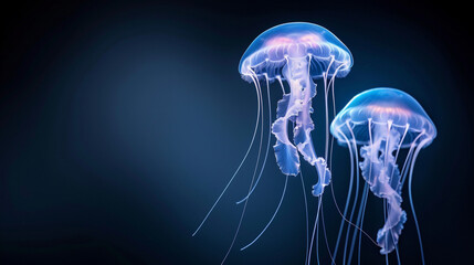 Underwater glow time, luminous jellyfish in a deep blue ocean, and fascinating and bizarre marine life