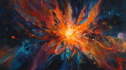 Dynamic abstract explosion with vivid oranges and deep blues merging on a dark canvas