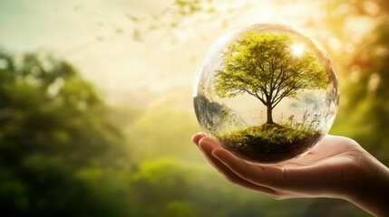 Poster - Hand Holding a Glass Sphere with a Tree Inside, a Symbol of Environmental Protection