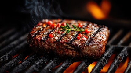 A beautifully grilled steak resting on a barbecue grill, decorated with rosemary and peppercorns, with an orange flame in the background perfecting the savory delight.