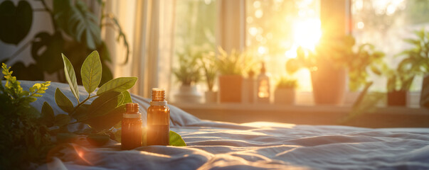 Wall Mural - Bottles of aromathreapy essential oil for sleep in the bedroom at sunset