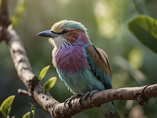 Wall Mural - Colorful Lilac Breasted Roller Bird Perched on Branch