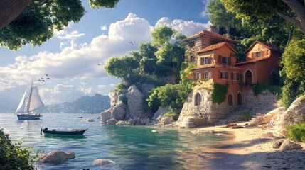 Poster - A Quaint Coastal Cottage Nestled Among Lush Greenery and Sparkling Water