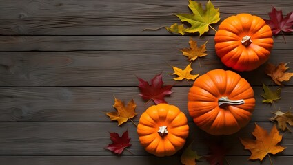 pumpkins and leaves on wooden background. minimal halloween, fall banner, background with copy space