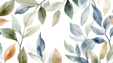 Wall Mural - Elegant arrangement of watercolor leaves in green, blue, light brown, and gray tones, forming a seamless pattern with a white backdrop