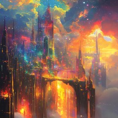 Poster - A vibrant, mystical cityscape at sunset in the clouds.