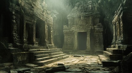 Canvas Print - Ancient Stone Temple Ruins in a Lush Jungle Setting