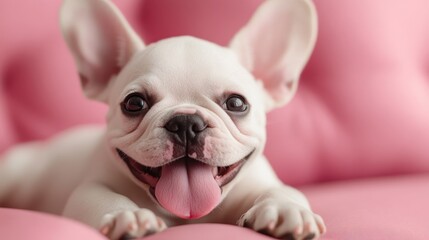 this image features an adorable white puppy with large ears relaxing on a pink sofa, giving a heartw