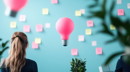 A group of people brainstorming ideas in a meeting room, with sticky notes and sketches on the walls.