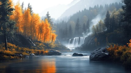 Canvas Print - Misty Autumn Waterfall and River Flowing Through a Mountain Forest