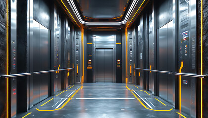 Sticker - Modern elevator interior design, featuring stainless steel.