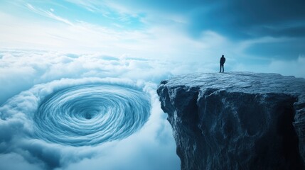 Wall Mural - A figure perched on the edge of a cliff, looking down at a vast, swirling abyss, a deceptive, calm surface masking the danger below.