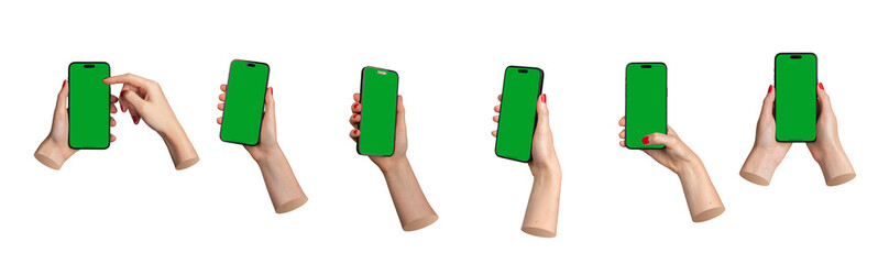 Poster - Hand holding mobile phone screen mockup, using smartphone display mock up, isolated on white background, set.