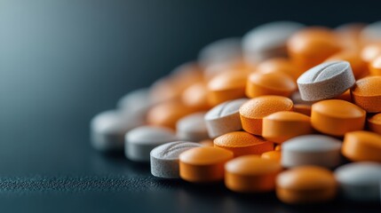 Wall Mural - a close-up view of various pills in orange and white colors, spilling onto a smooth, dark surface, i