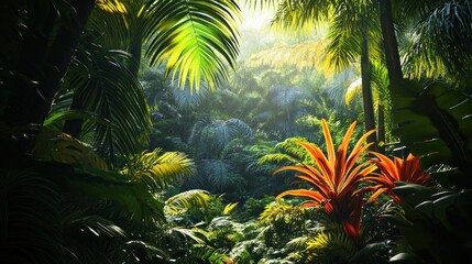 Poster - Lush Green Tropical Rainforest with Sunbeams Shining Through Leaves