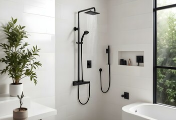 a bathroom with a white wall and a black shower head.