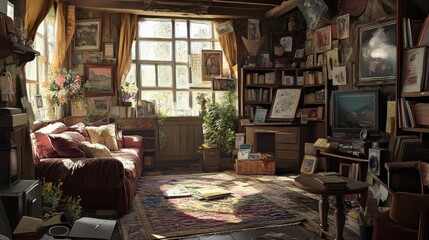 Canvas Print - A sun-drenched living room with a couch, bookshelves, and artwork