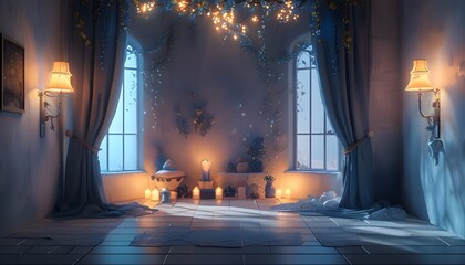 Wall Mural - Serene blue and white room illuminated by wall lights, creating a captivating play of light and shadow