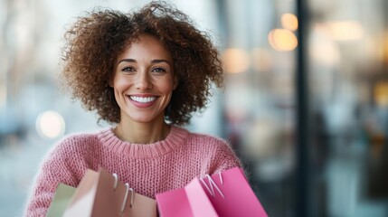 A cheerful woman in a pink sweater holds multiple shopping bags, standing outdoors with a blurred city background showcasing a shopping theme.