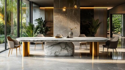 Sleek marble-top dining table with gold accents and modern minimalist chairs in a spacious, well-lit room.