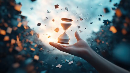 Poster - a hand reaching out from a swirling vortex, holding a glowing hourglass that represents time, while 