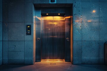 Poster - Modern elevator with its doors opening on a dark hallway, creating a mysterious atmosphere