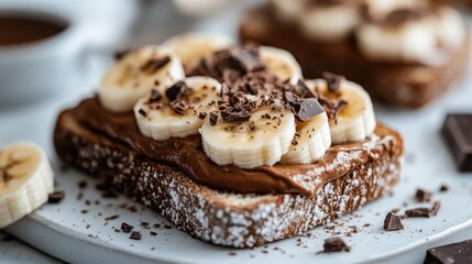 A delicious toast covered with creamy chocolate spread, topped with banana slices and garnished with rich chocolate shavings, perfect for a sweet snack or breakfast.