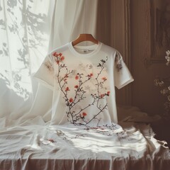 Wall Mural - A white t-shirt with floral design on a soft surface.