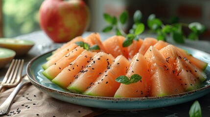 Wall Mural - Watermelon slices with black sesame seeds and mint on a blue plate.