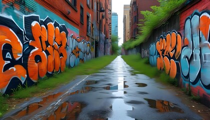 Wall Mural - Urban alley adorned with vibrant graffiti, reflecting puddles on the wet pavement, creating a captivating low angle city street scene