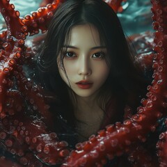 Canvas Print - A woman entwined with red octopus tentacles underwater.